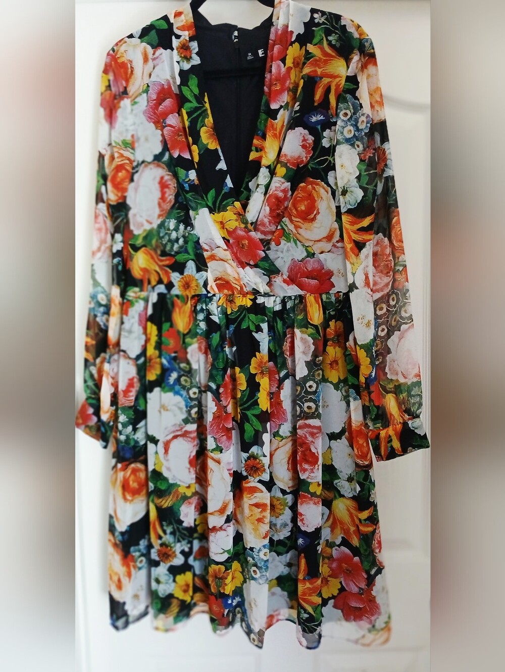 Leslie Fay Black Floral Midi Dress Sheer Sleeves